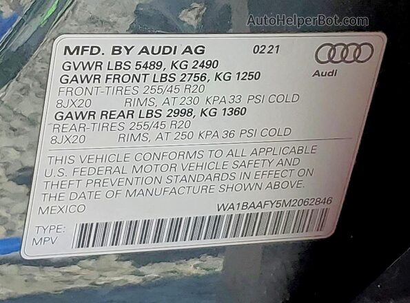 WA1BAAFY5M2062846 2021 AUDI Q5 Charcoal Widok naklejki z numerem VIN