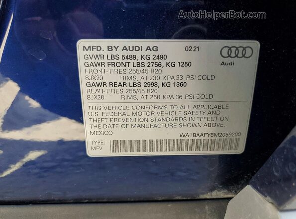 WA1BAAFY8M2059200 2021 AUDI Q5 Blue Widok naklejki z numerem VIN