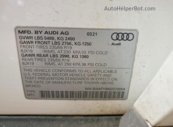 WA1BAAFY8M2070004 2021 AUDI Q5 White Widok wnętrza 360 stopni