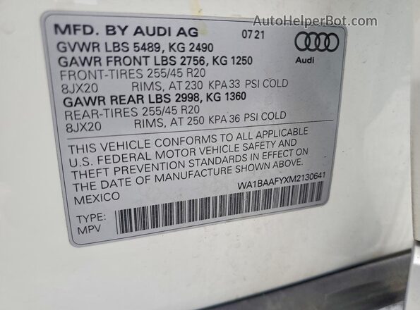 WA1BAAFYXM2130641 2021 AUDI Q5 Белый Вид наклейки с VIN-кодом