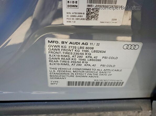 WA1BCBFZ7PP014474 2023 AUDI Q4 Gray Widok naklejki z numerem VIN