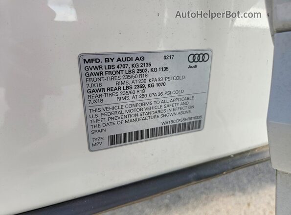 WA1BCCFS5HR016335 2017 AUDI Q3 White VIN sticker view