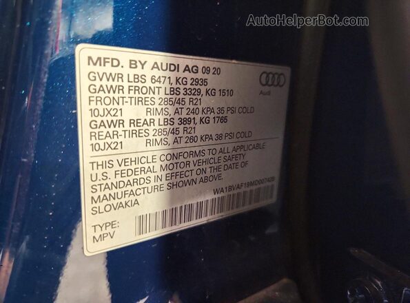 WA1BVAF19MD007439 2021 AUDI Q8 Синий Панорамный вид салона 360°