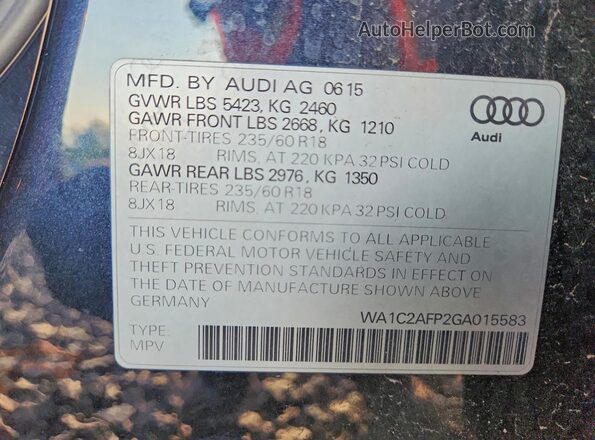 WA1C2AFP2GA015583 2016 AUDI Q5 Gray VIN sticker view