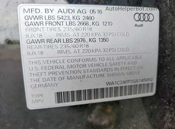 WA1C2AFP2GA145850 2016 AUDI Q5 Черный Вид наклейки с VIN-кодом