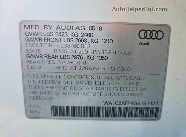 WA1C2AFP4GA151424 2016 AUDI Q5 Белый Вид наклейки с VIN-кодом