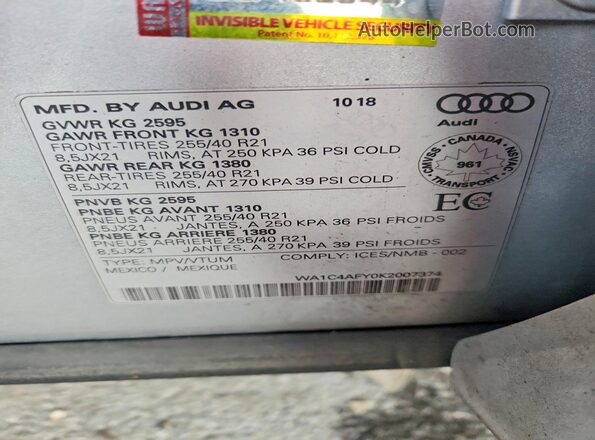 WA1C4AFY0K2007374 2019 AUDI SQ5 Silver Vista de la etiqueta del VIN