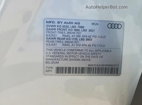WA1CAAGE0RB062575 2024 AUDI Q8 White VIN კოდის სტიკერის ხედი