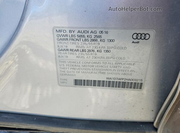 WA1D7AFP2HA003215 2017 AUDI Q5 Серебряный Вид наклейки с VIN-кодом