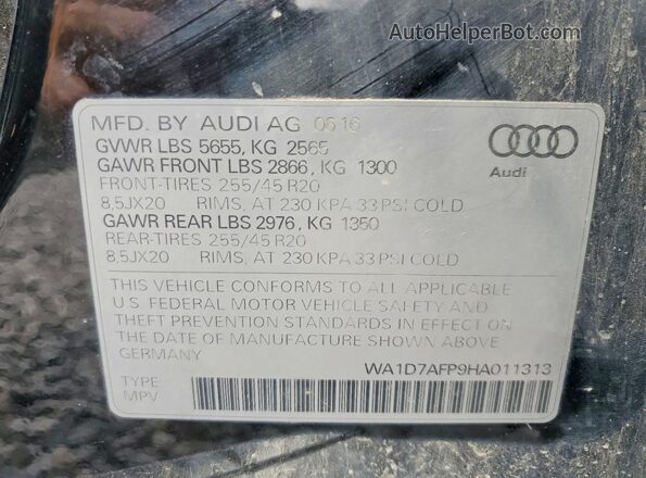 WA1D7AFP9HA011313 2017 AUDI Q5 Black VIN კოდის სტიკერის ხედი