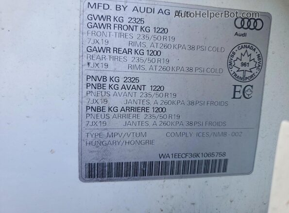 WA1EECF36K1065758 2019 AUDI Q3 White VIN sticker view