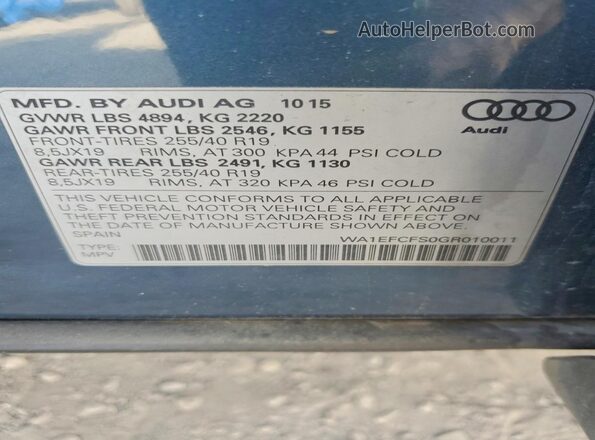 WA1EFCFS0GR010011 2016 AUDI Q3 Blue VIN sticker view