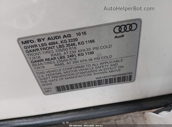 WA1EFCFS9GR009763 2016 AUDI Q3 White VIN კოდის სტიკერის ხედი