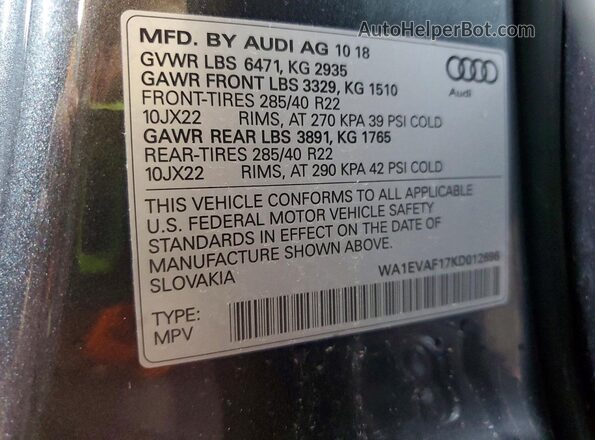 WA1EVAF17KD012696 2019 AUDI Q8 Charcoal Вид підкапотного простору