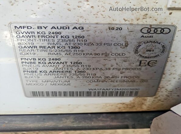 WA1FAAFY2M2023830 2021 AUDI Q5 White 360 interior view