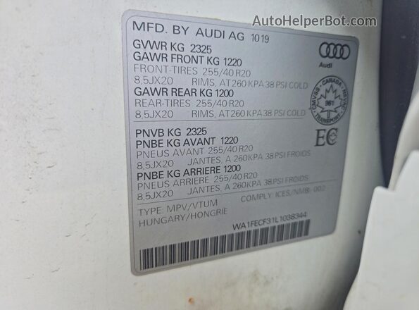WA1FECF31L1038344 2020 AUDI Q3 White Вид наклейки з VIN-кодом