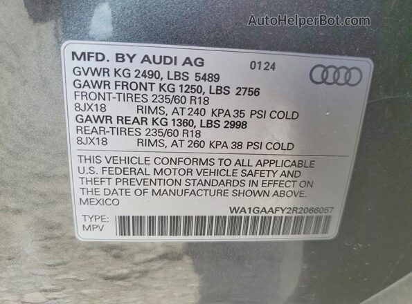WA1GAAFY2R2066057 2024 AUDI Q5 Gray Vista de la etiqueta del VIN