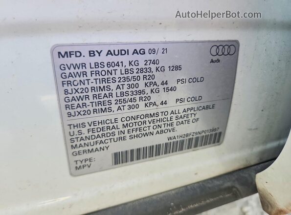 WA1H2BFZ9NP013997 2022 AUDI Q4 White VIN sticker view