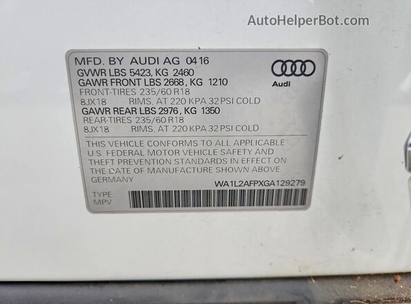 WA1L2AFPXGA129279 2016 AUDI Q5 White VIN կոդի պիտակի տեսք