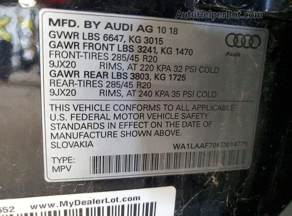 WA1LAAF70KD014779 2019 AUDI Q7 Black Вид наклейки з VIN-кодом