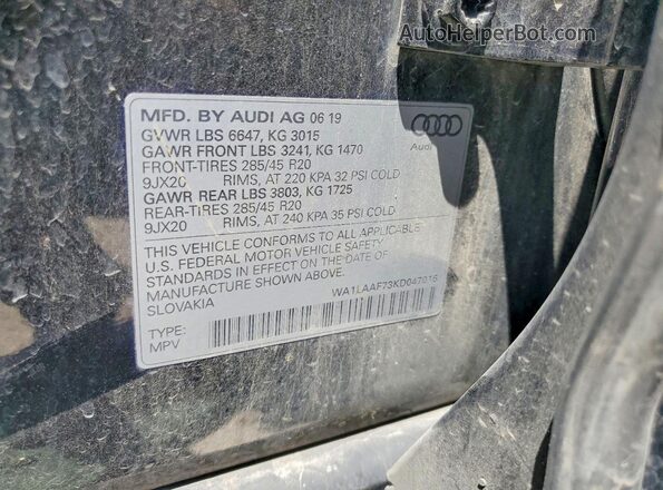 WA1LAAF73KD047016 2019 AUDI Q7 Black VIN კოდის სტიკერის ხედი