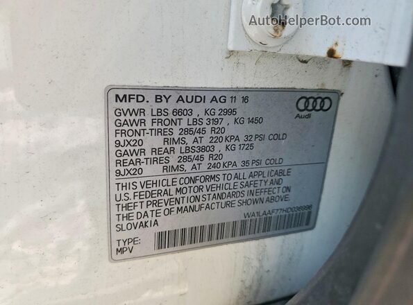 WA1LAAF77HD036996 2017 AUDI Q7 White VIN კოდის სტიკერის ხედი