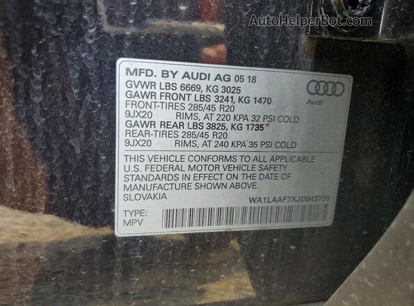 WA1LAAF7XJD043706 2018 AUDI Q7 Black VIN կոդի պիտակի տեսք
