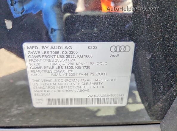 WA1LAAGE8NB026143 2022 AUDI E-TRON Black VIN կոդի պիտակի տեսք