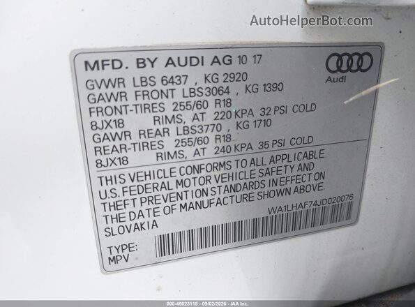 WA1LHAF74JD020076 2018 AUDI Q7 White ძრავის განყოფილების ხედი