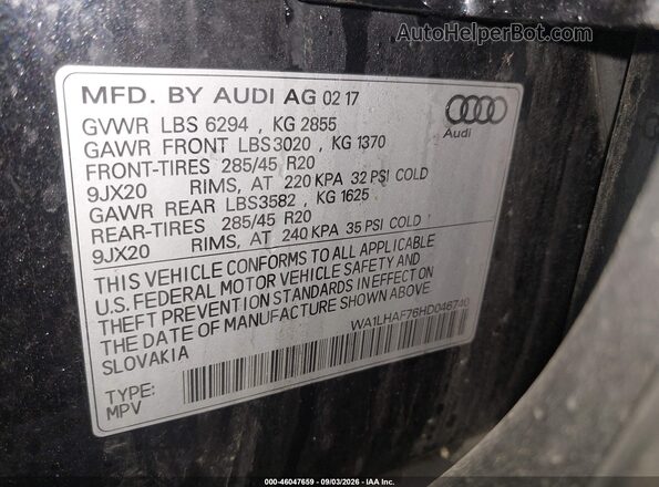 WA1LHAF76HD046740 2017 AUDI Q7 Black ძრავის განყოფილების ხედი