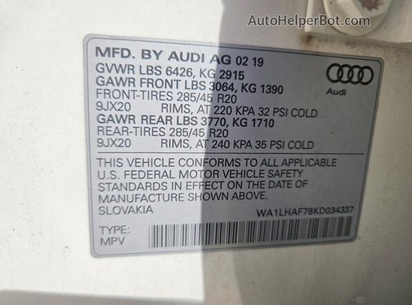 WA1LHAF78KD034337 2019 AUDI Q7 White VIN კოდის სტიკერის ხედი