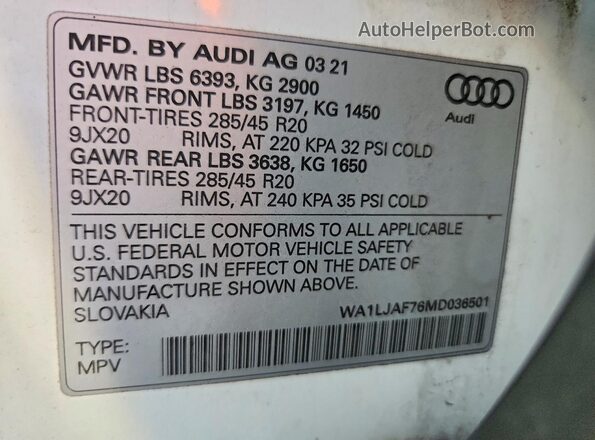 WA1LJAF76MD036501 2021 AUDI Q7 White Вид наклейки з VIN-кодом