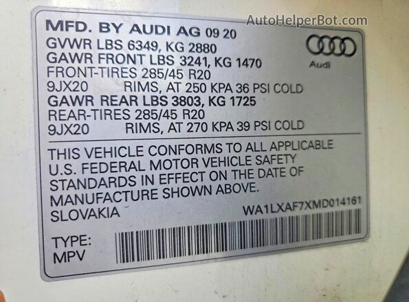 WA1LXAF7XMD014161 2021 AUDI Q7 White Widok naklejki z numerem VIN