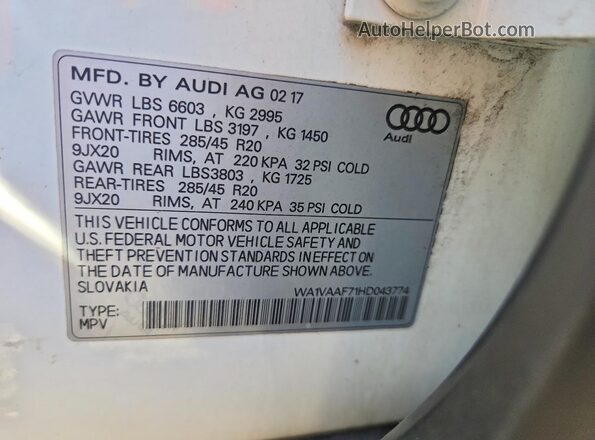 WA1VAAF71HD043774 2017 AUDI Q7 White Vista de la etiqueta del VIN