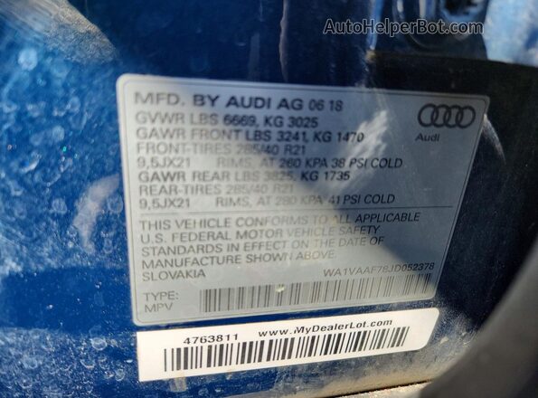 WA1VAAF78JD052378 2018 AUDI Q7 Blue Vista de la etiqueta del VIN