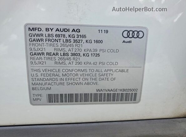 WA1VAAGE1KB025002 2019 AUDI E-TRON Белый Панорамный вид салона 360°