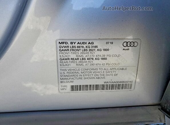 WA1VAAGE4KB020182 2019 AUDI E-TRON Серебряный Панорамный вид салона 360°