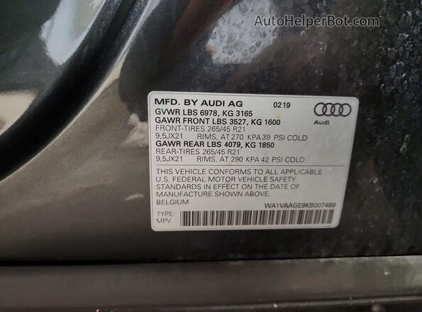 WA1VAAGE9KB007489 2019 AUDI E-TRON Silver VIN sticker view