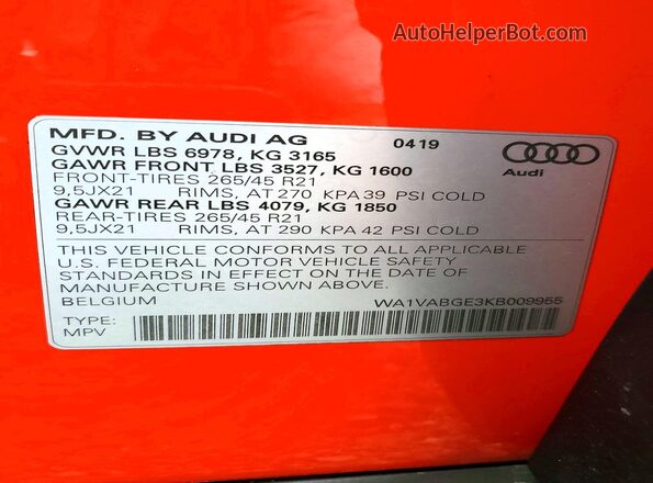 WA1VABGE3KB009955 2019 AUDI E-TRON Red Սալոնի 360 աստիճան տեսք