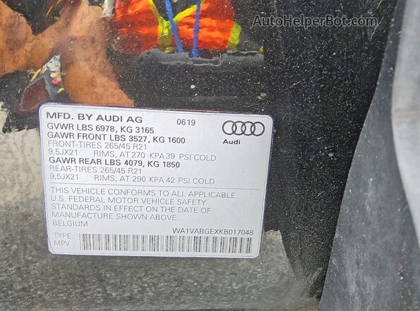 WA1VABGEXKB017048 2019 AUDI E-TRON Black Vista de la etiqueta del VIN