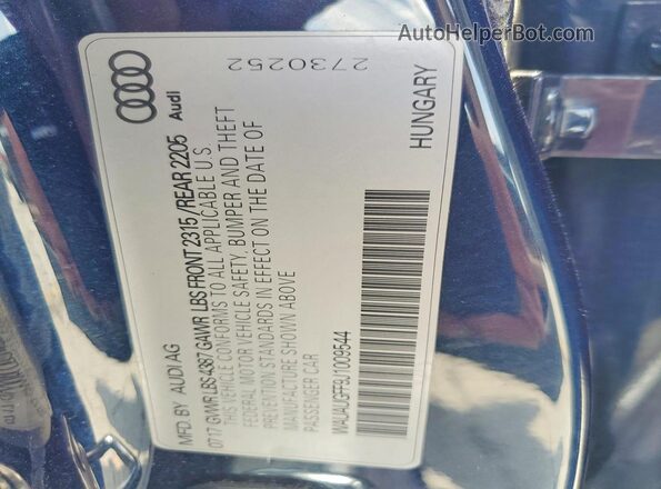 WAUAUGFF9J1009544 2018 AUDI A3 Blue Вид наклейки з VIN-кодом