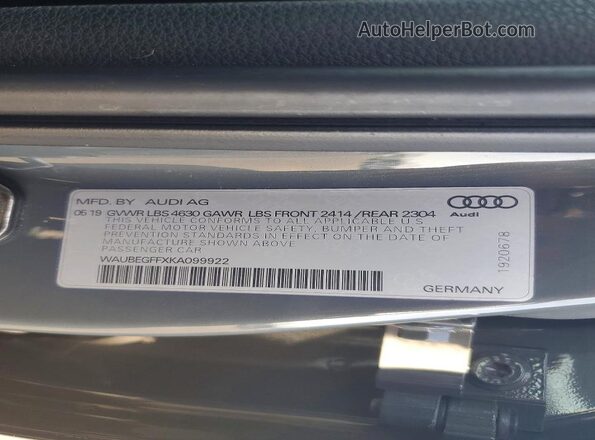 WAUBEGFFXKA099922 2019 AUDI A3 Gray Vista de la etiqueta del VIN