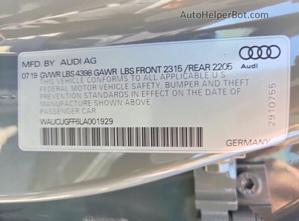 WAUCUGFF6LA001929 2020 AUDI A3 Gray Widok naklejki z numerem VIN