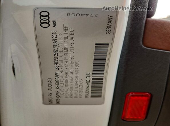 WAUDNAF45KN018872 2019 AUDI A4 White ძრავის განყოფილების ხედი