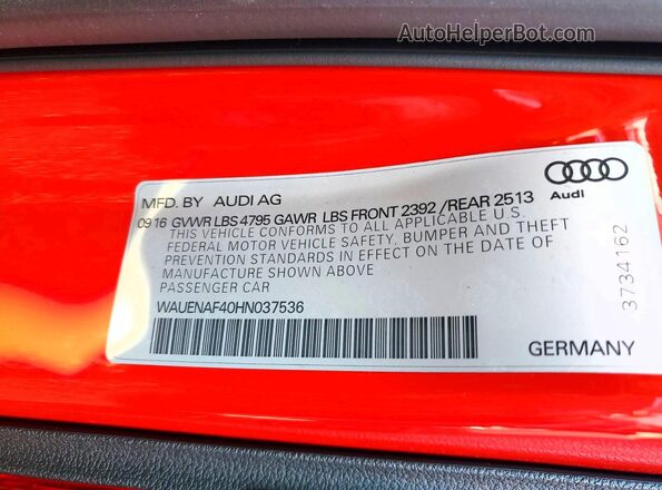 WAUENAF40HN037536 2017 AUDI A4 Красный Вид подкапотного пространства