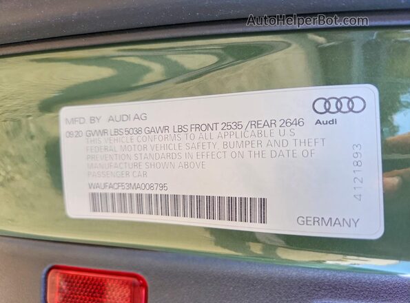 WAUFACF53MA008795 2021 AUDI A5 Green Вид наклейки з VIN-кодом
