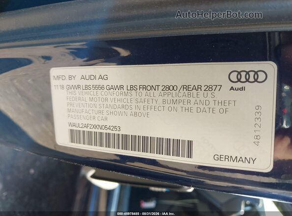 WAUL2AF2XKN054253 2019 AUDI A6 Blue Вид підкапотного простору