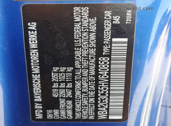 WBA2G3C55HV640858 2017 BMW M2 Blue Вид наклейки з VIN-кодом