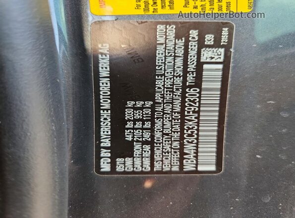 WBA4W3C53KAF92306 2019 BMW 4 SERIES Gray VIN sticker view
