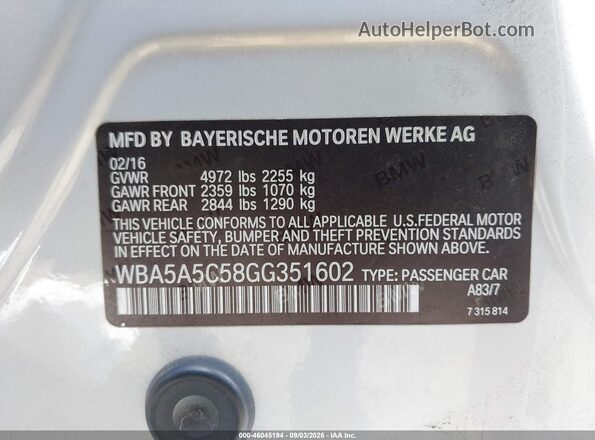 WBA5A5C58GG351602 2016 BMW 5 SERIES Silver Widok komory silnika